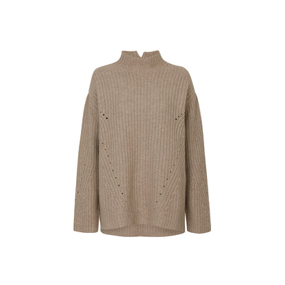 High-Neck Ribbed Cashmere Sweater - Beige