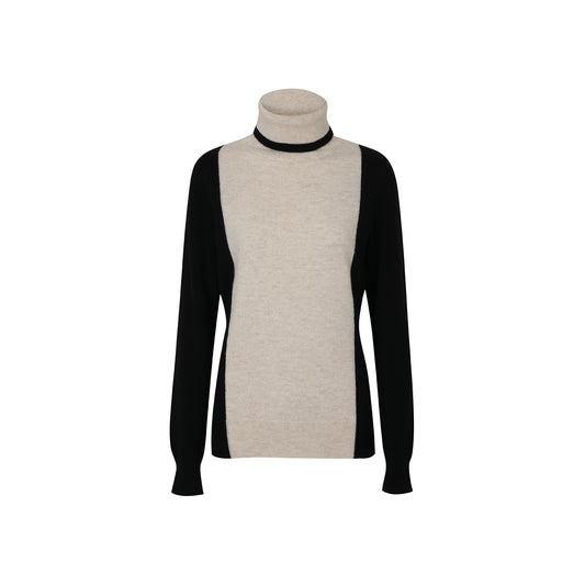 Callaite 100% Cashmere Two-Tone Slim Fit Turtleneck Sweater  - Ivory Beige