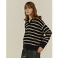 Callaite 100% Cashmere Stripe Open Collar Sweater - Black