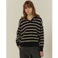 Callaite 100% Cashmere Stripe Open Collar Sweater - Black