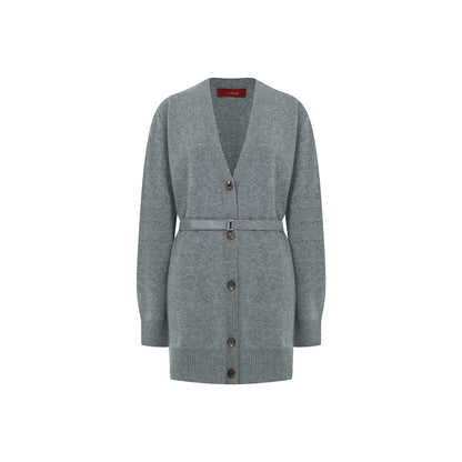 Middle Length Belted Cashmere Cardigan - Grey